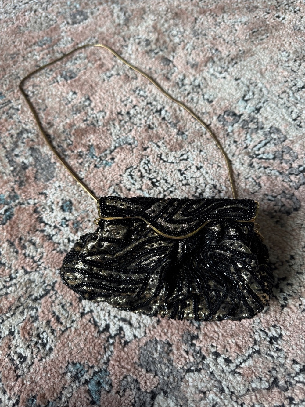 Black Beaded Evening Clutch with Gold Chain